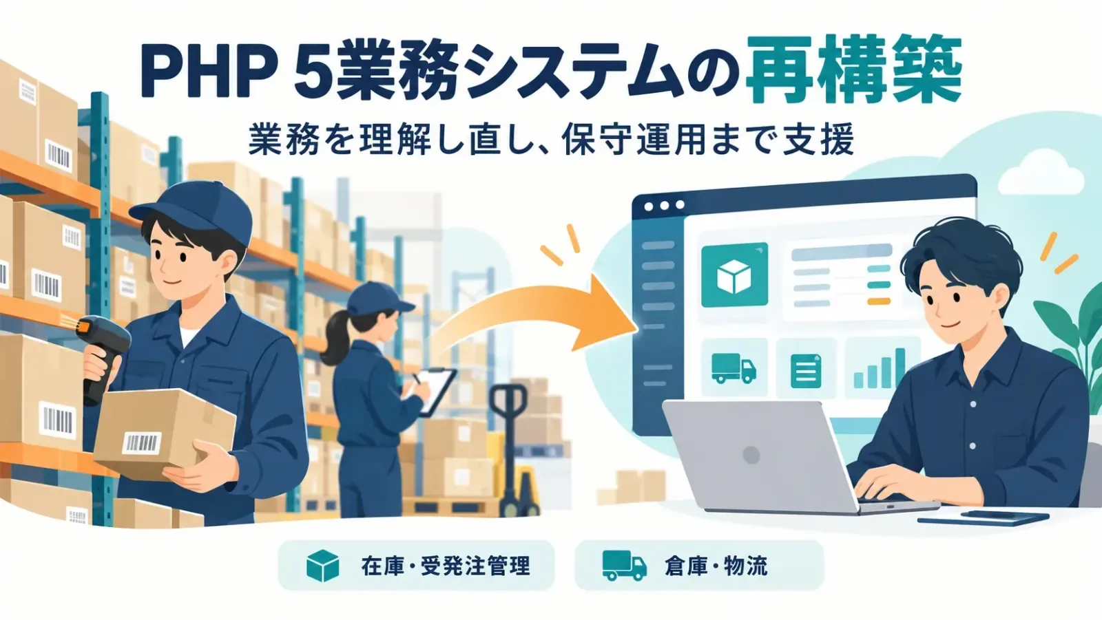 倉庫の在庫管理と業務システムの再構築を表すイラスト