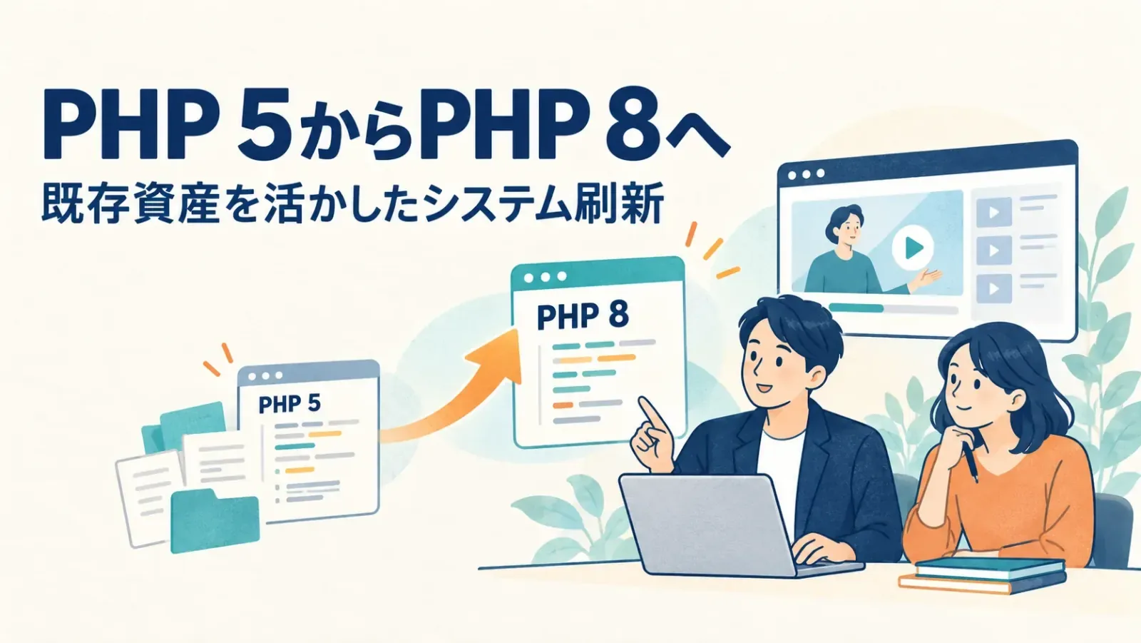 オンライン研修システムの既存資産を活かしたPHP 5系からPHP 8系への更新を表すイラスト