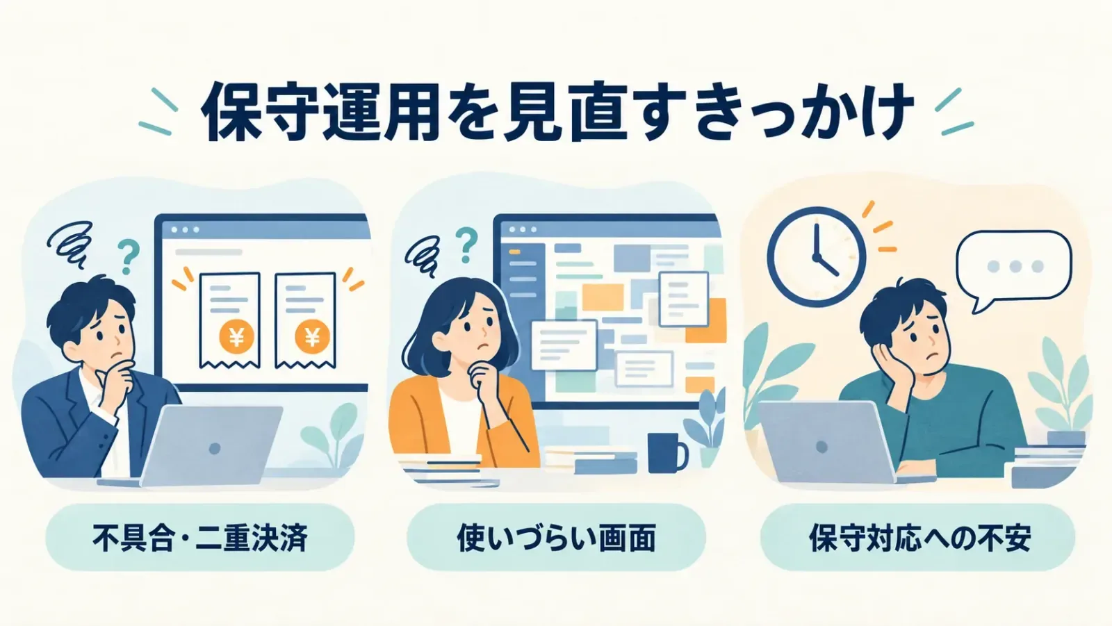 オンライン研修の不具合や決済の問題、保守運用の相談に悩む担当者のイラスト
