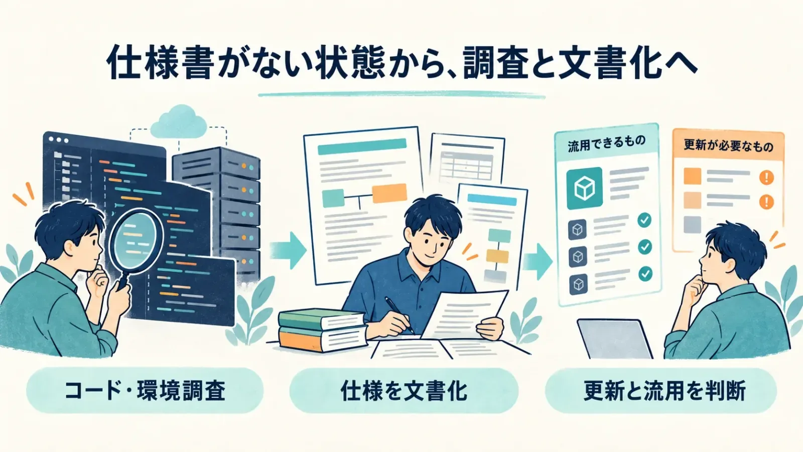 ソースコードから仕様を読み解き、仕様書を作成するエンジニアのイラスト
