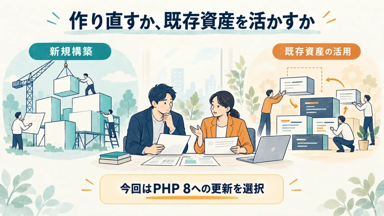 全面再構築と既存資産を活かしたPHP更新を比較検討するイラスト