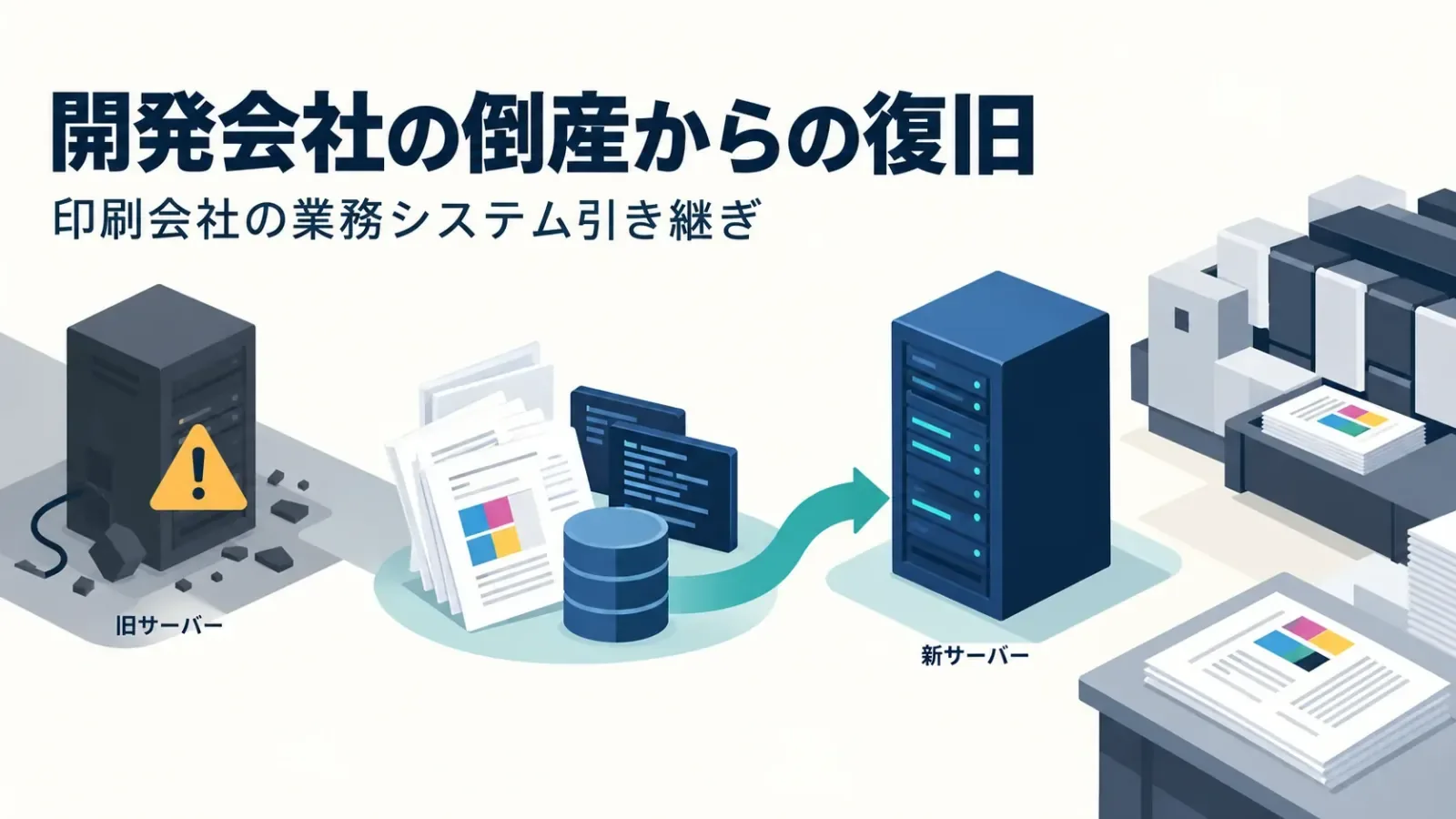 開発会社の倒産によるサーバー停止から、新しい環境での復旧と保守引き継ぎを示す概念図