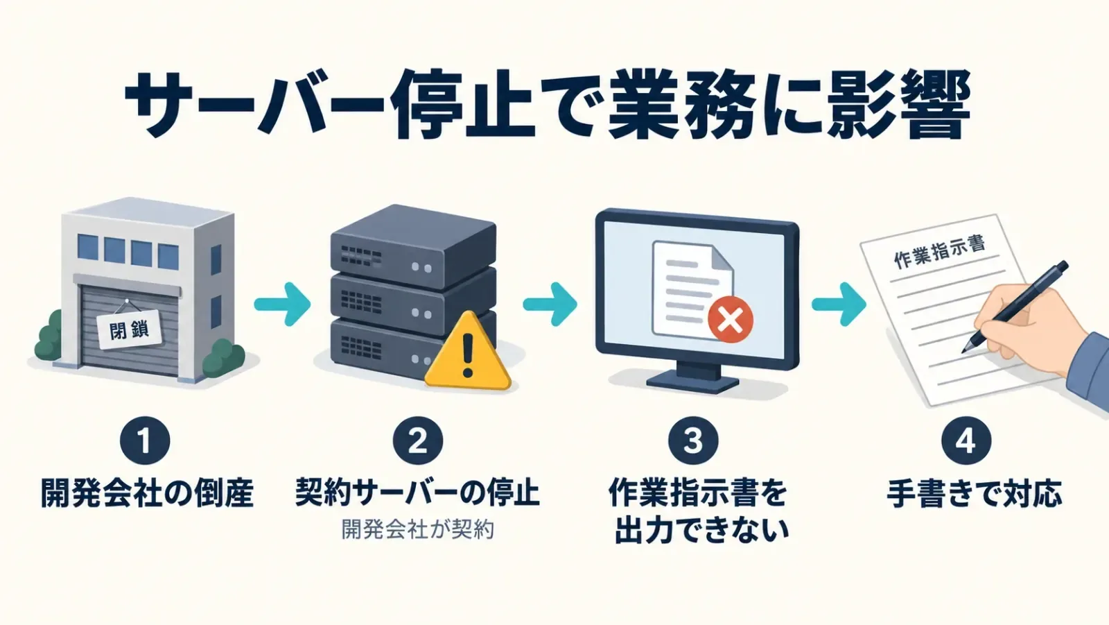 サーバー停止により、印刷の設計書や作業指示書を手書きで作成する必要が生じた状況の概念図
