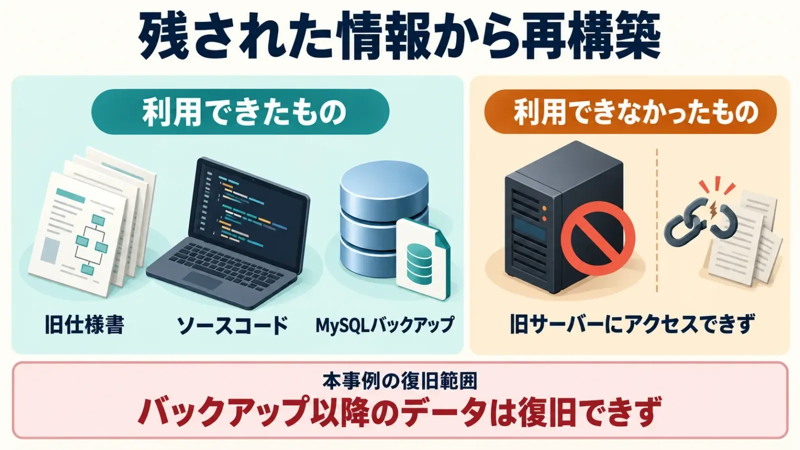 残された仕様書・ソースコード・バックアップと、取得後のデータは復旧できなかったことを示す概念図