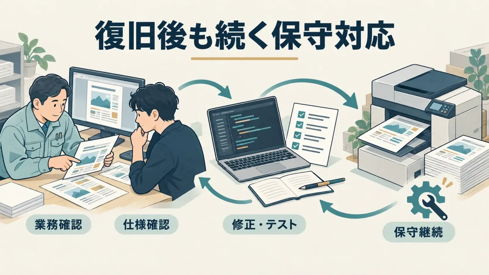 お客様との業務確認、動作検証、修正を重ねて保守を続ける流れの概念図