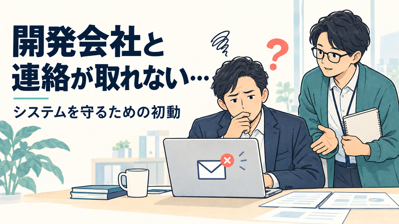 開発会社と連絡が取れず困っている担当者と、状況整理を支援するエンジニア。