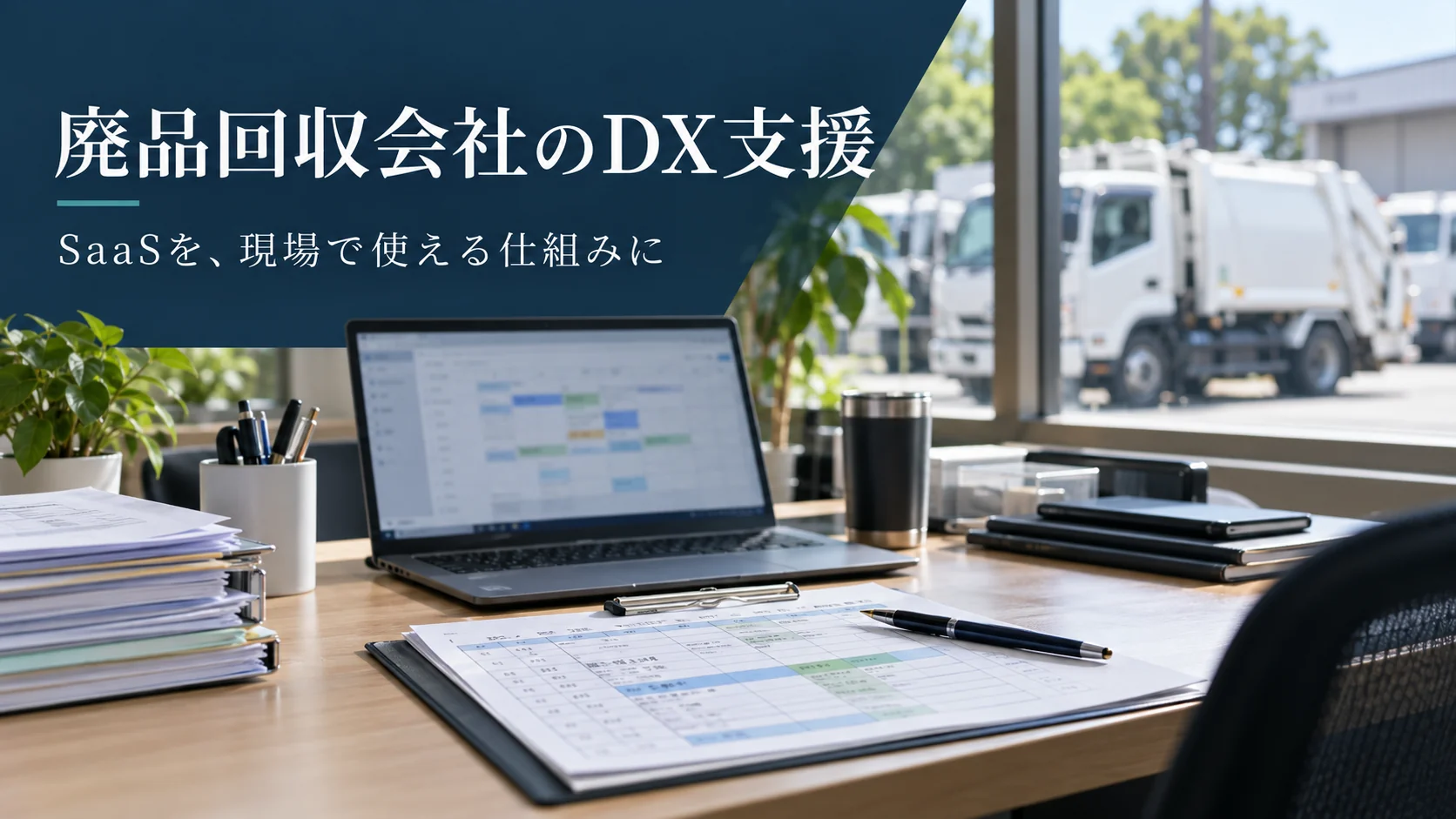 廃品回収会社の事務所と配車管理をイメージした写真調画像