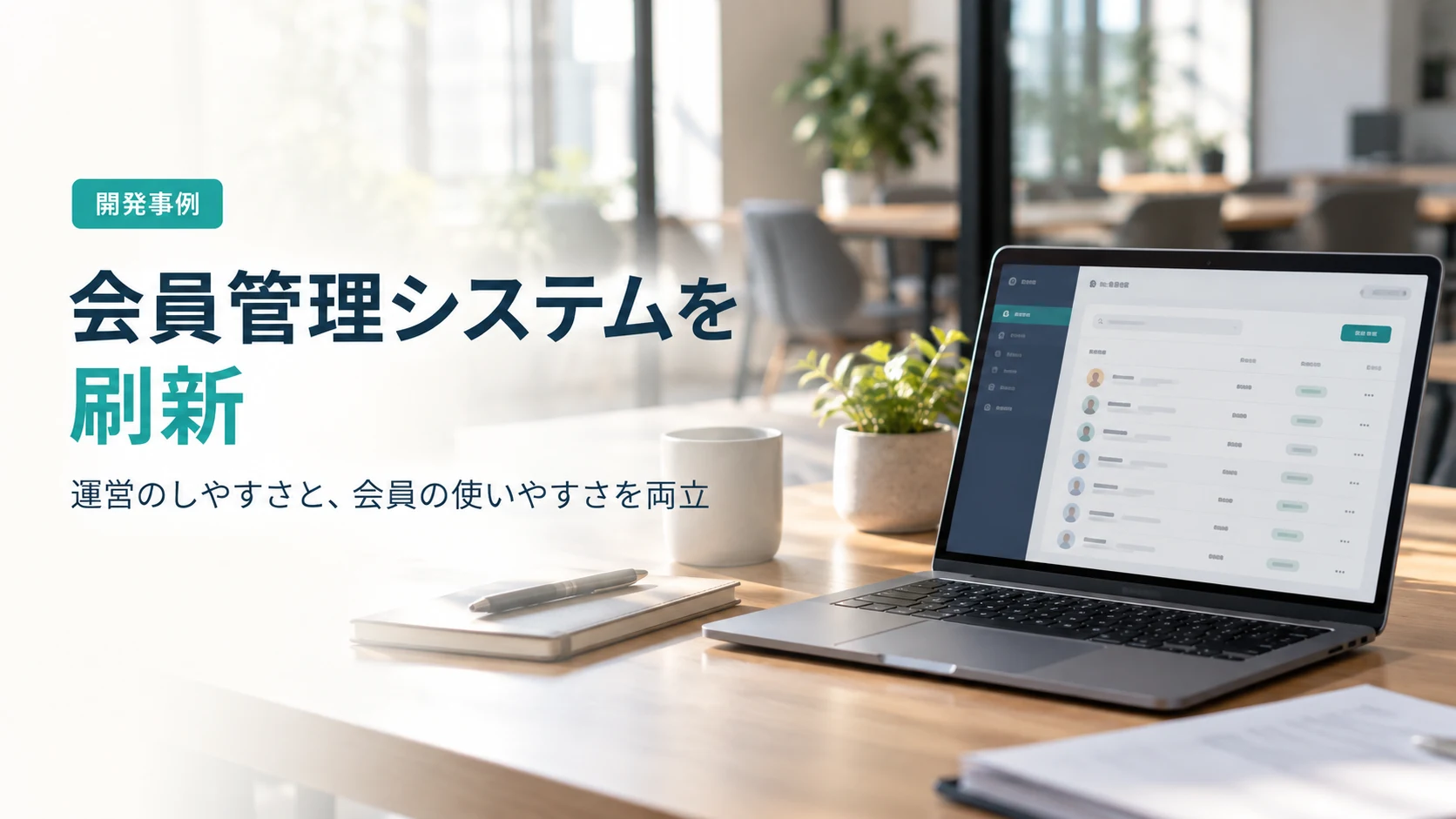 会員管理システムの刷新を紹介するアイキャッチ。オフィスとノートパソコンはイメージ。