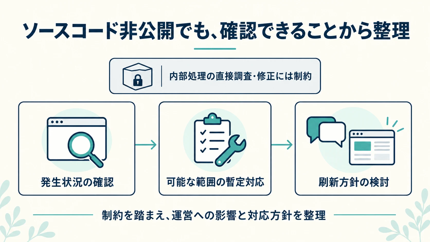 ソースコード非公開の制約を踏まえ、発生状況の確認、可能な暫定対応、刷新方針の検討を進める図。