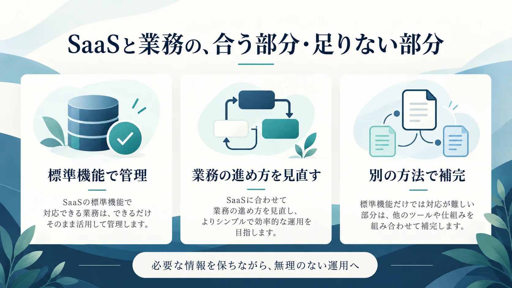 SaaSの標準機能で管理する部分、業務を見直す部分、別の方法で補完する部分の整理