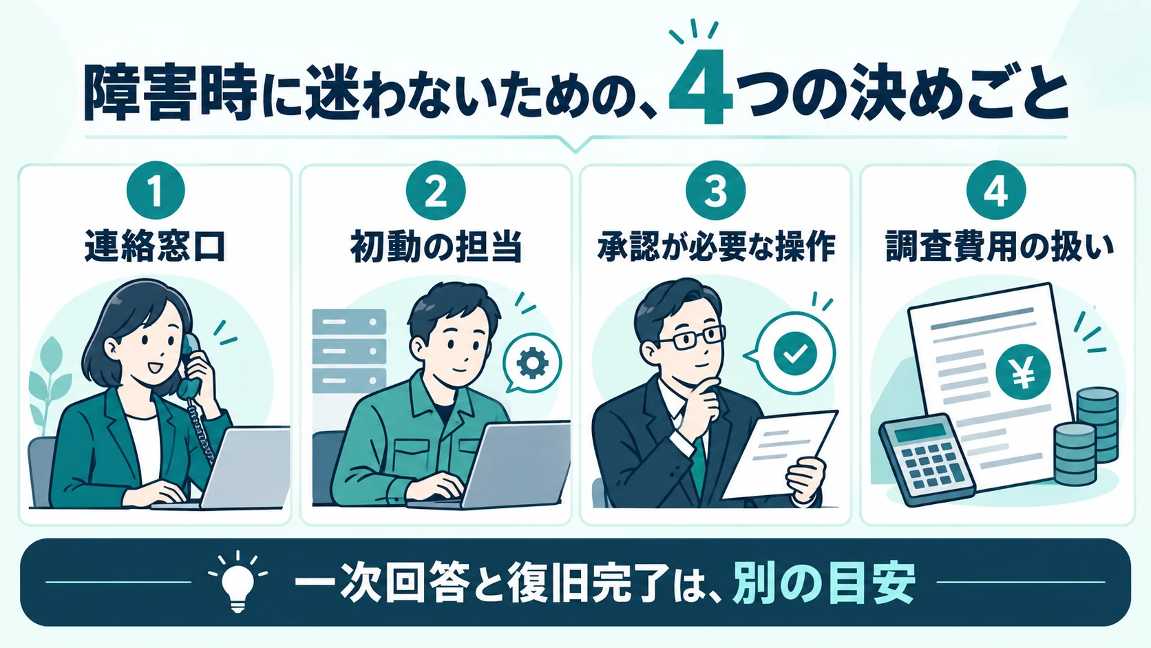 障害時に決めておく連絡窓口、初動の担当、承認が必要な操作、調査費用の扱いの4項目