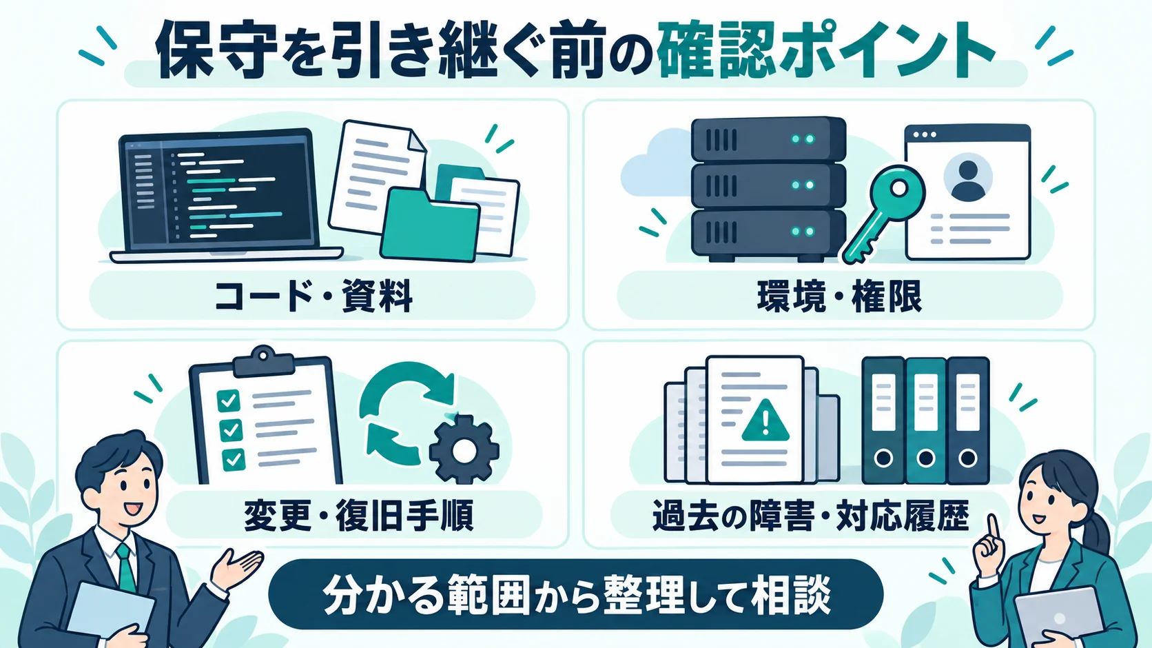 ソースコードや構成、権限、リリース、バックアップなど引き継ぎ前の確認項目を示すイメージ