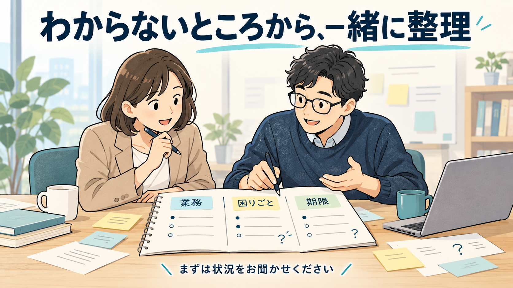 担当者とエンジニアが、業務、困りごと、期限について、不明な欄を残したメモを一緒に整理している。