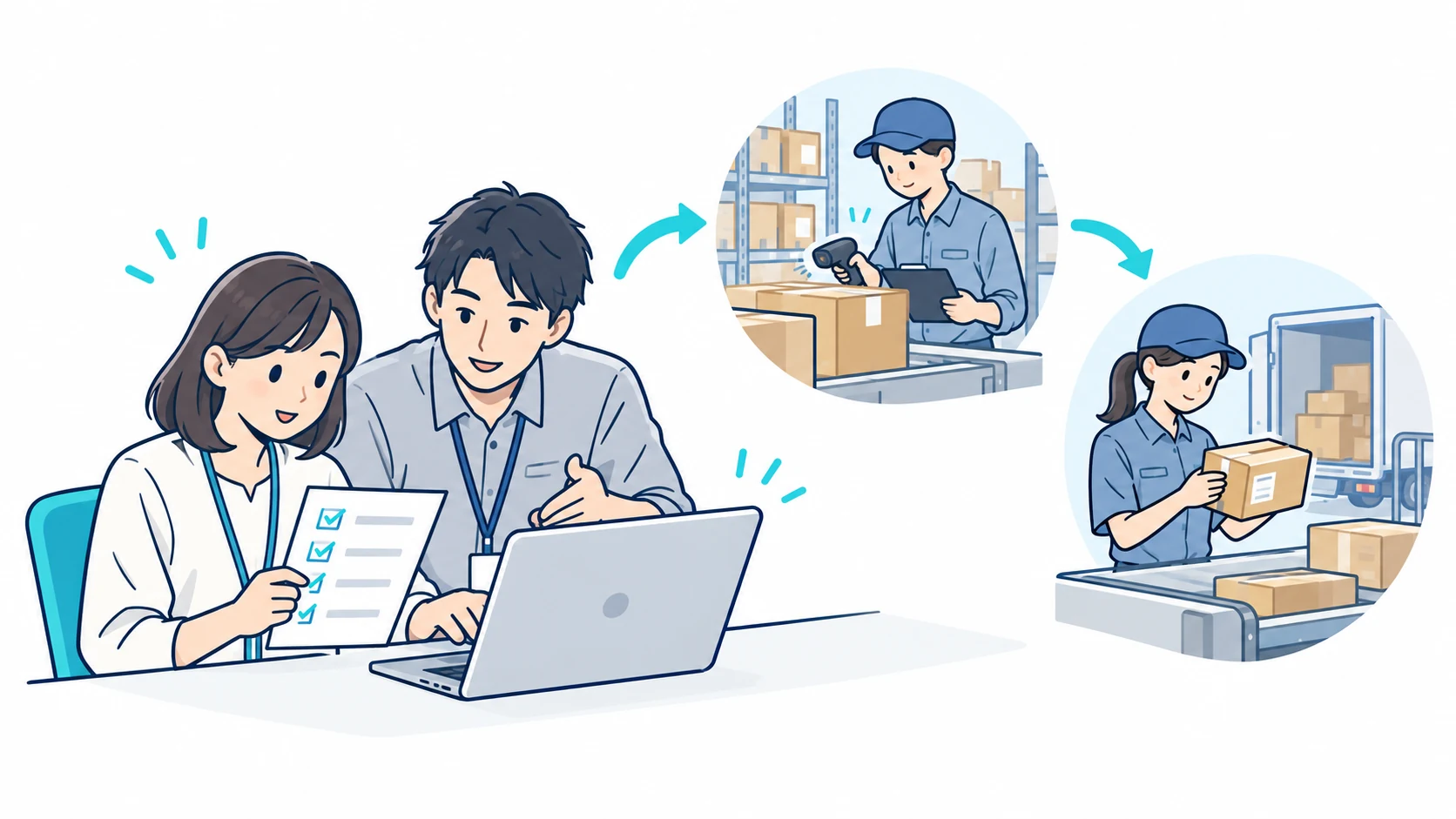 利用者が注文登録から出荷までの業務を想定して操作し、結果を確認する場面
