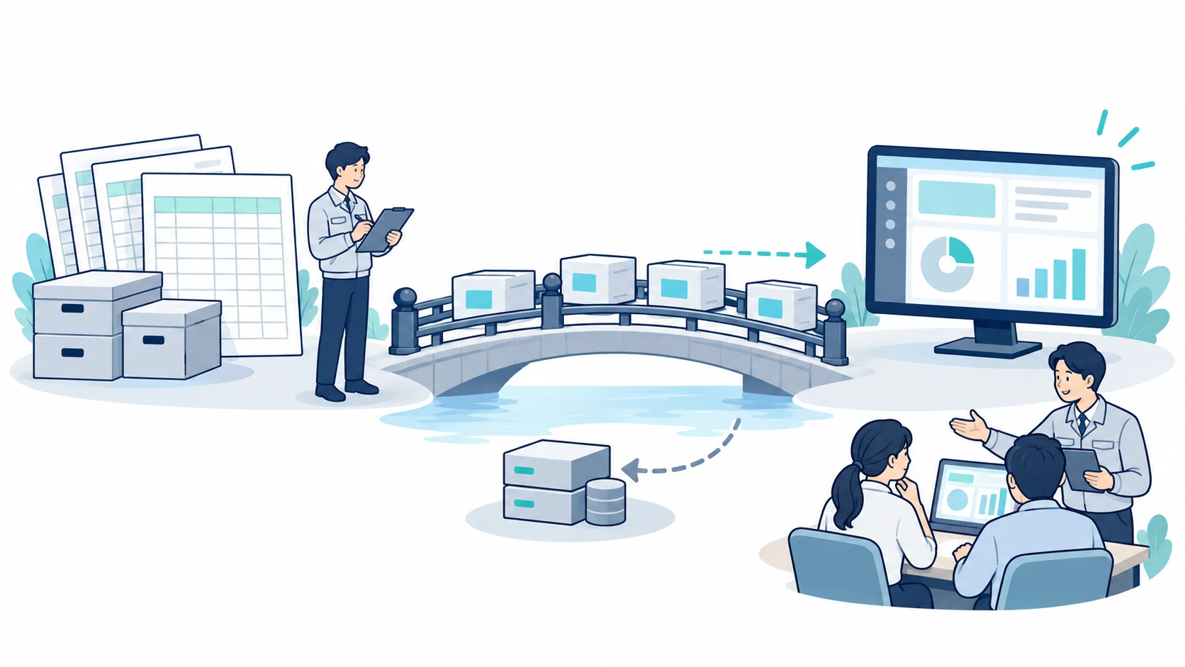 データ移行、利用者への説明、本番環境への切り替えを準備するイラスト