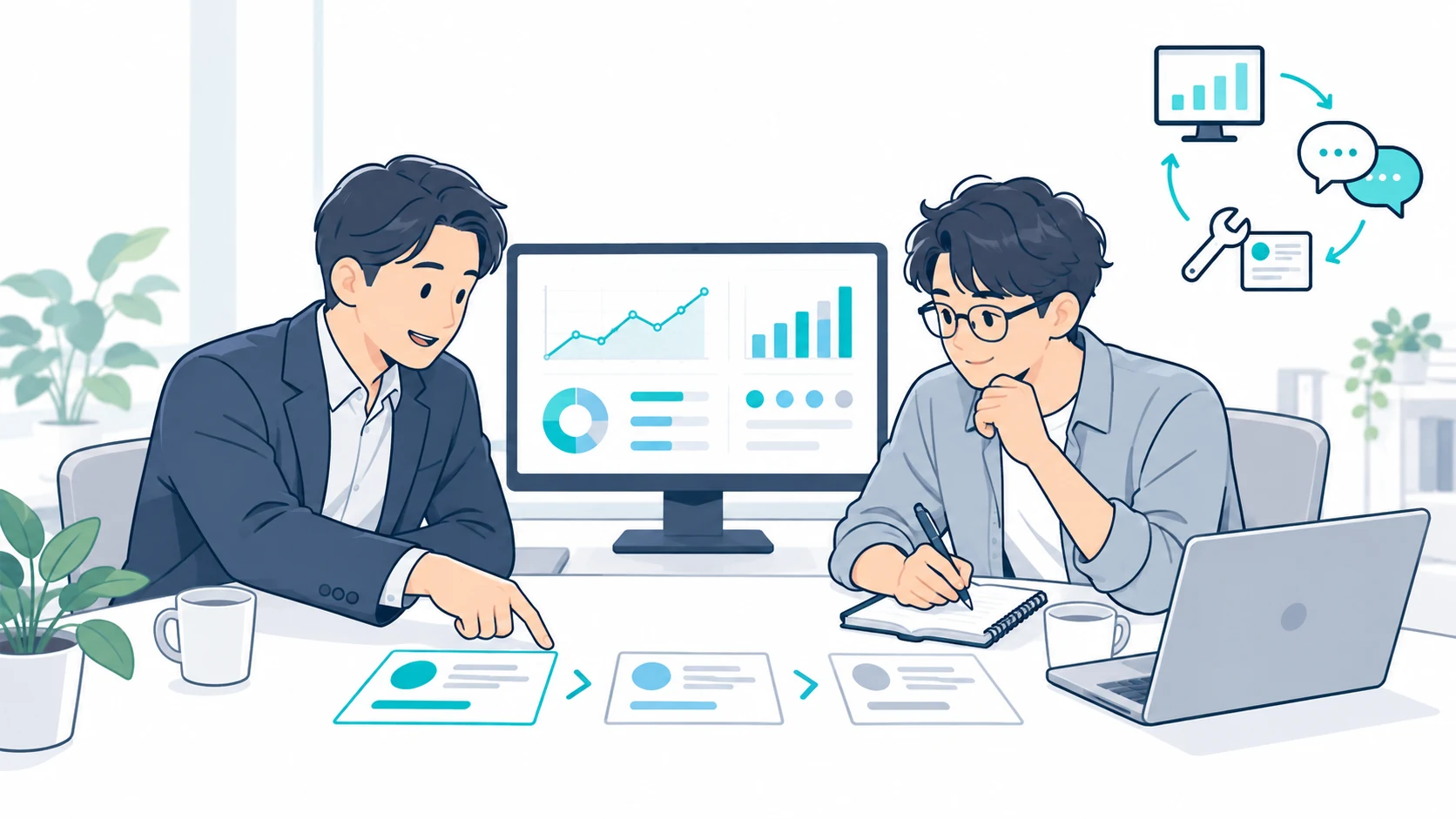 運用状況と現場の声をもとに、お客様とエンジニアが改善の優先順位を考える場面